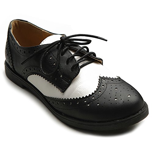 Ollio Women's Flat Shoe Wingtip Lace Up Two Tone Oxford M2913(10 B(M) US, Black)
